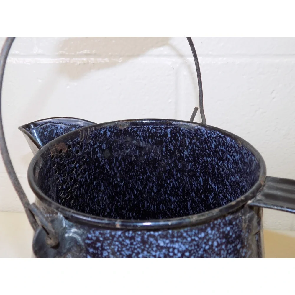 Vintage LARGE Blue Speckled Enamel Coffee Pot Wood Handle Campfire Kettle